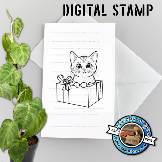 Instant Download - Christmas Cat Kitten with Presents JessicaLynnOriginal Digital Stamp