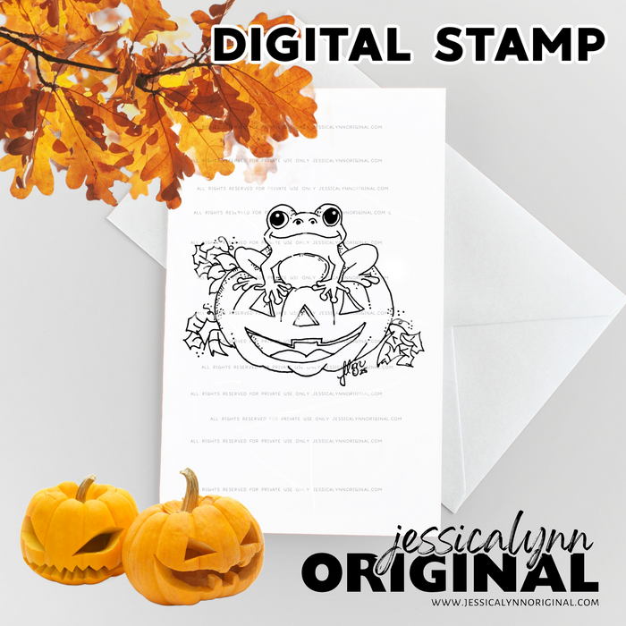 🐸🎃 Happy Halloween Frog on a Pumpkin – Digital Stamp (Instant Download, Cute Halloween Clipart)