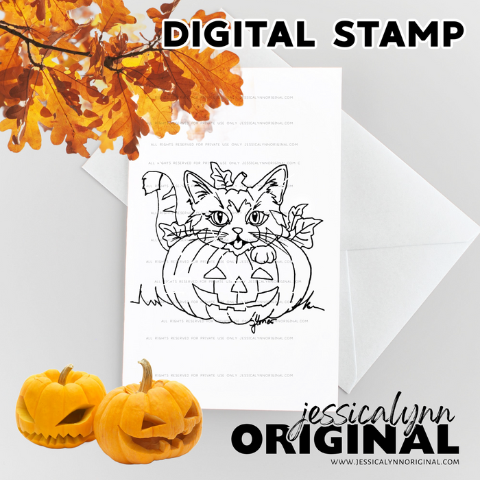 Happy Halloween Cat Carved Pumpkin – Digital Stamp (Instant Download, Cute Halloween Clipart)