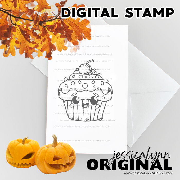 Happy Birthday Cupcake – Digital Stamp (Instant Download, Cute Halloween Clipart)