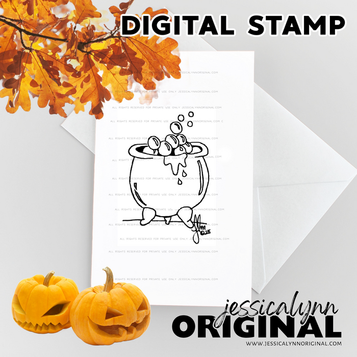 Happy Halloween bubbling witches cauldron – Digital Stamp (Instant Download, Cute Halloween Clipart)