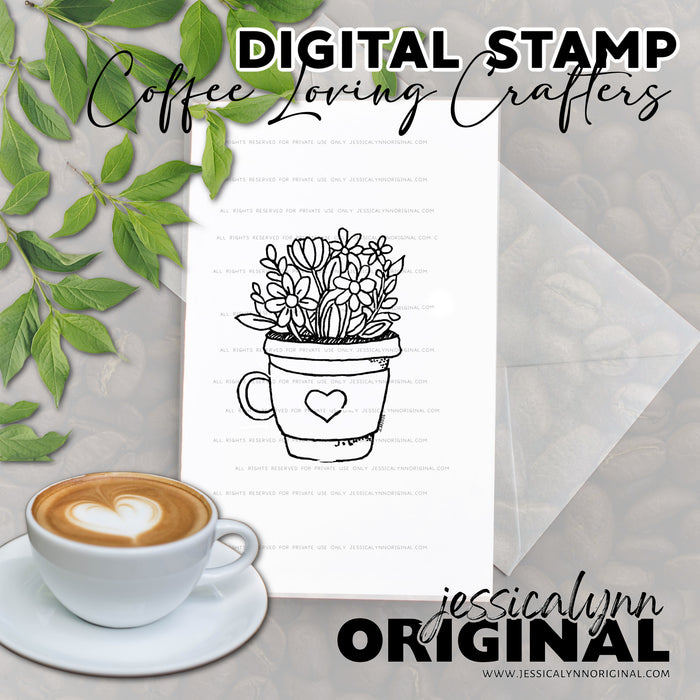 ☕ Coffee Mug & Flowers Digital Stamp | Instant Download Cozy Craft Design