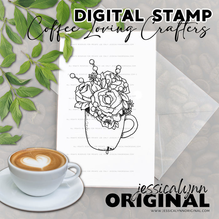 Floral Coffee Cup Digital Stamp All Seasons Coffee & Flowers Art