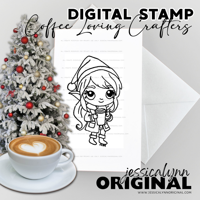 Coffee Sarah Christmas Elf Digital Stamp Cute