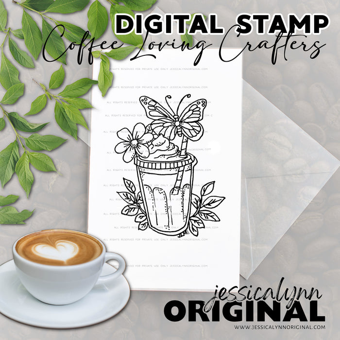 Iced Coffee Lovers Digital Stamp Daisy Flower and Butterfly Cup Design