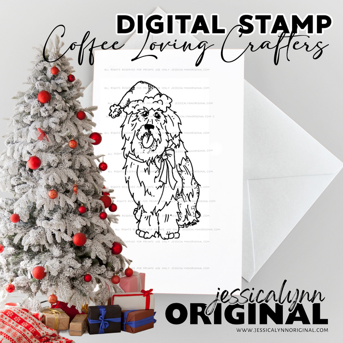 Old English Sheepdog Christmas Holiday Cheer Dog Digital Stamp