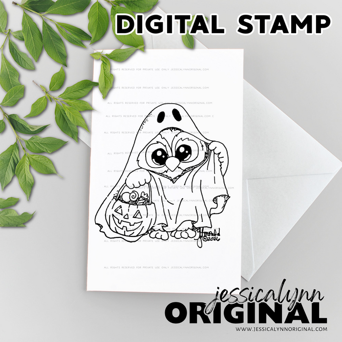 Instant Download - Happy Halloween Ghost Brentwood Owl JessicaLynnOriginal Digital Stamp