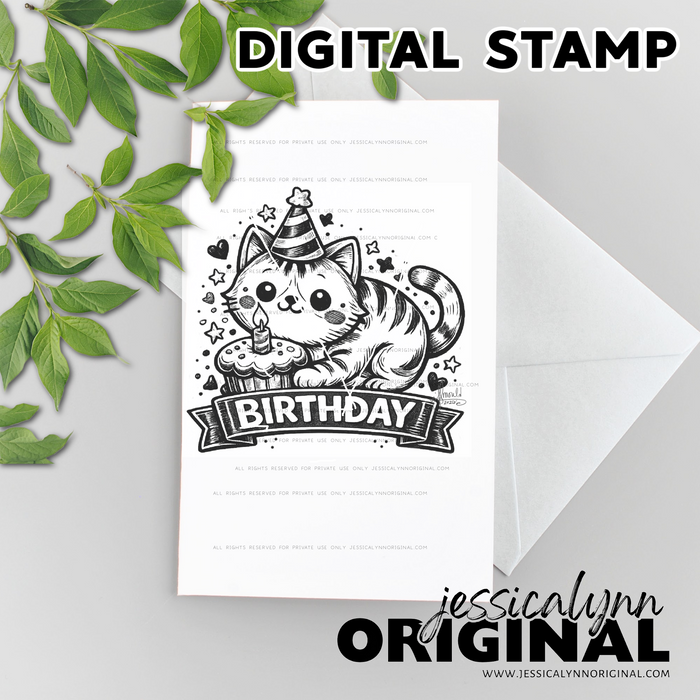 Instant Download - Happy Birthday Cat Party JessicaLynnOriginal Digital Stamp