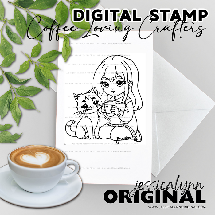 Cozy Coffee and Cat Lover Digital Stamp Relaxing at Home Design