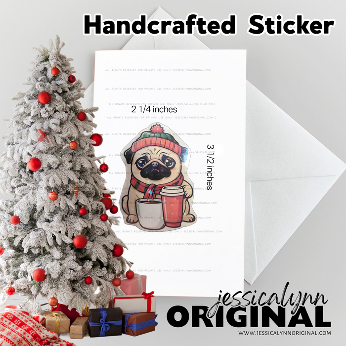 Handcrafted Christmas Coffee Pug Dog Glitter Sticker Art Sticker Vinyl
