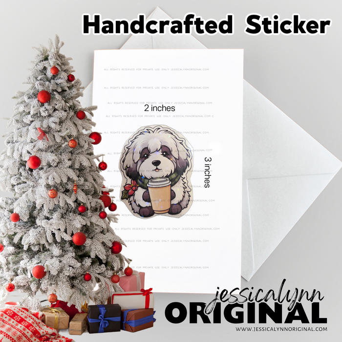 Handcrafted Christmas Coffee Old English Sheepdog Glitter Sticker Art Sticker Vinyl