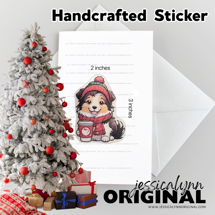 Handcrafted Christmas Coffee Sheltie Glitter Sticker Shetland Sheepdog Art Sticker Vinyl