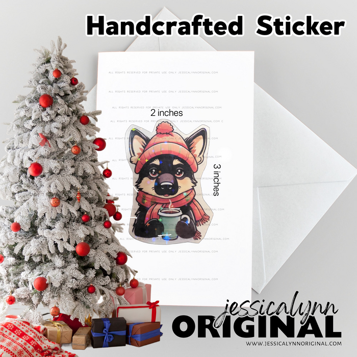 Handcrafted Christmas Coffee German Shepherd Dog Glitter Sticker Art Sticker Vinyl