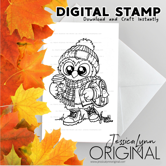 Instant Download - Pumpkin Latte Coffee Fall Hiking Brentwood Owl JessicaLynnOriginal Digital Stamp