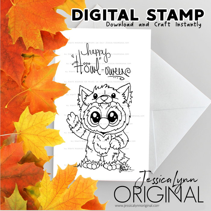 Instant Download - Happy Halloween Wolf Brentwood Owl JessicaLynnOriginal Digital Stamp
