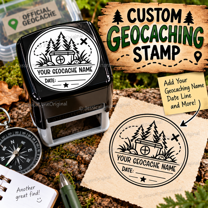 Custom Geocaching Stamp with Date Line | Personalized Geocache Name | Pine Tree & Treasure Box Design | Self-Inking Rubber Stamp