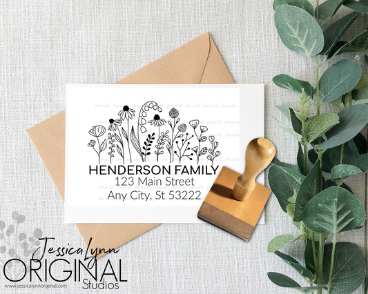 Custom Rubber Stamp Wildflowers Return Address Wedding Gift