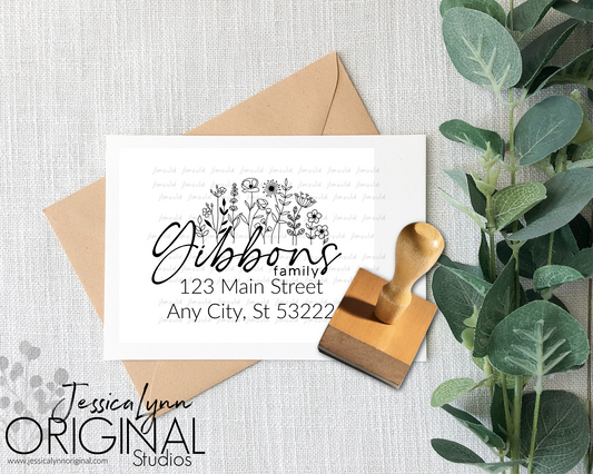 Custom Rubber Stamp Script Wildflowers Return Address Wedding Gift