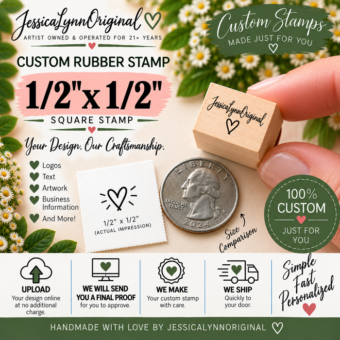 Custom Rubber Stamp 1/2" x 1/2" – Personalized Logo, Text or Artwork – Red Rubber Wood Block Stamp – Handle Optional – Made in USA