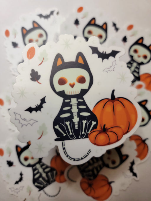 Limited Edition Halloween Skelton Cat Pumpkins Laminated Matte Finish Vinyl Sticker