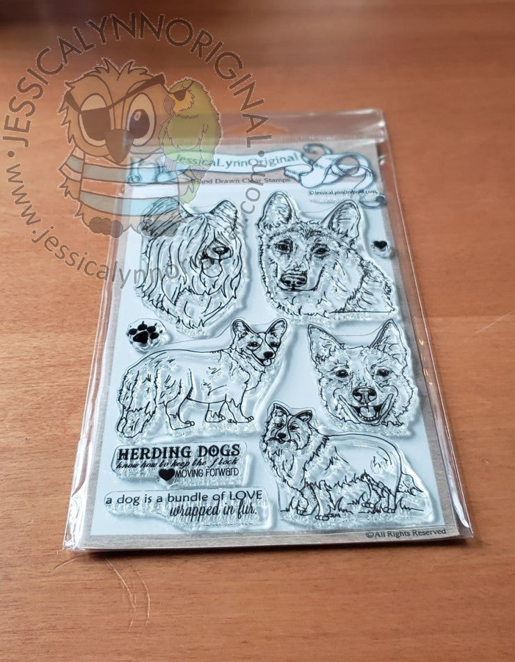 Herding Dog Stamps Set Featuring: Border Collie German Shepherd Bouvier des Flandres Corgi  4x6 Photopolymer Stamp Set