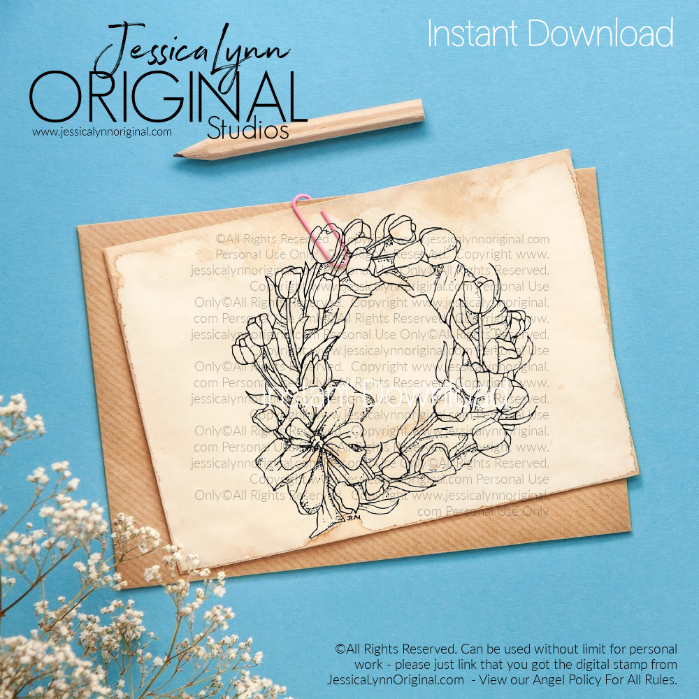 Instant Download -  Happy Easter Tulip Flower Wreath Spring time JessicaLynnOriginal Digital Stamp