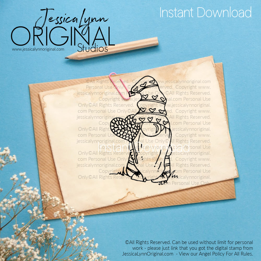 Instant Download -  Happy Valentines Day Love Gnome JessicaLynnOriginal Digital Stamp