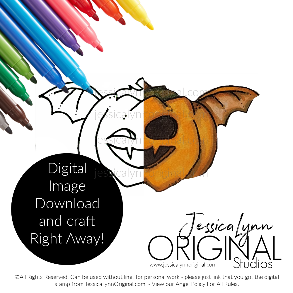 Instant Download - Bat Pumpkin Happy Halloween Pumpkin Digital Stamp