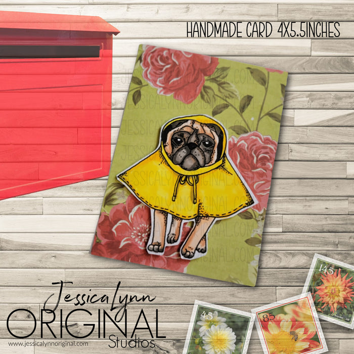 Handmade Card | Pug in a Yellow Rain Coat