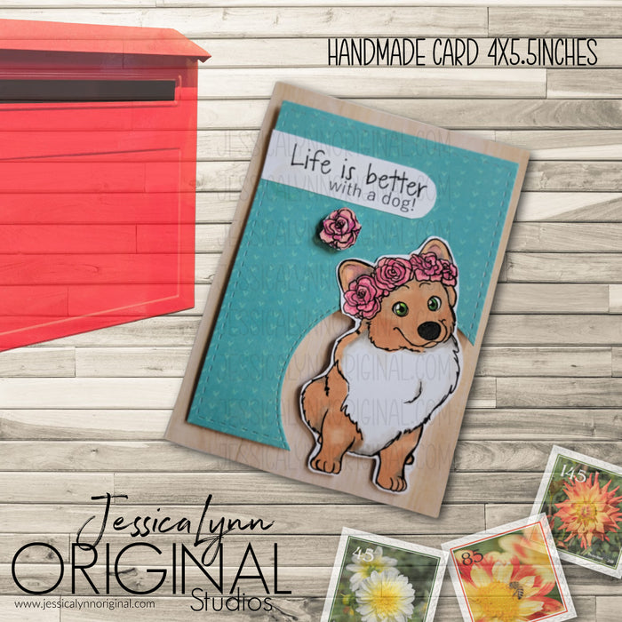 Handmade Card | Spring Corgi Dog with Flowers