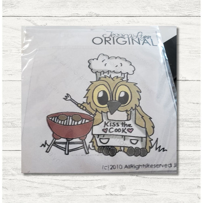 Clearance: Brentwood Owl Summer Chef Cooking Burgers on the Grill 2.5x3 Clear Photopolymer Stamp